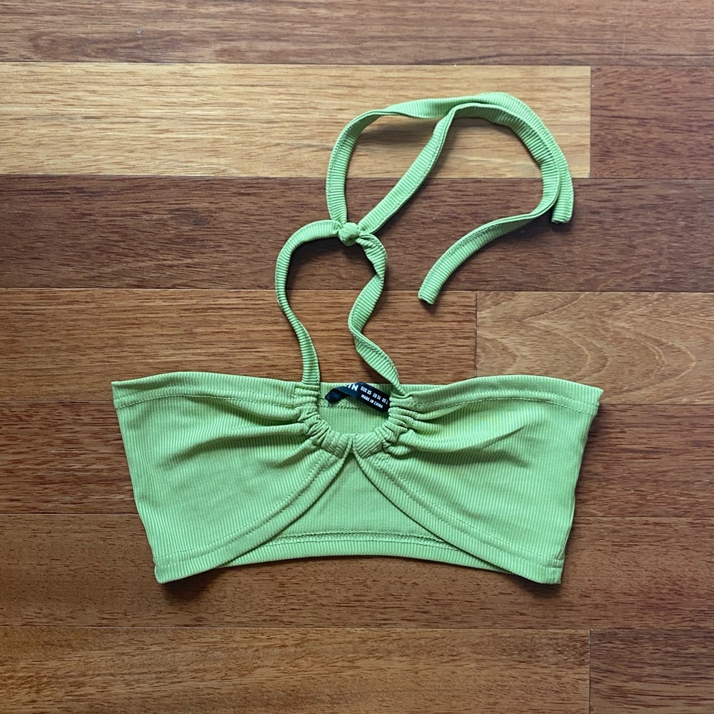trendy neon green spaghetti halter summer crop top